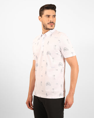 Man wearing a white patterned shirt on a white background