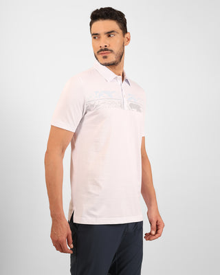 Man wearing a white polo shirt and dark pants on a light gray background